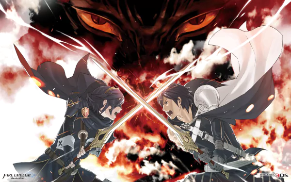 HD desktop wallpaper featuring Chrom and Lucina from Fire Emblem Awakening, with a fiery backdrop and intense gaze.