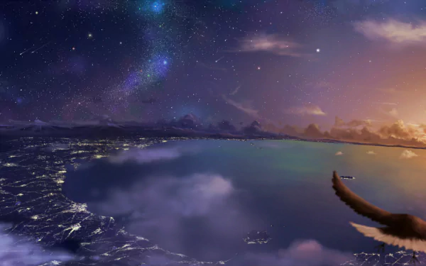 HD desktop wallpaper featuring an original lofi anime-inspired landscape. The night sky, dotted with stars, overlooks a vast body of water, illuminated by distant city lights, creating a serene and dreamy atmosphere.