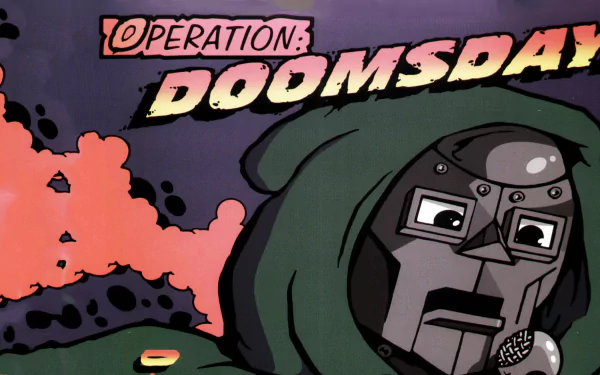 HD PC desktop wallpaper: comic-style music artwork of a metal-masked figure in a green hood holding a microphone beneath the title Operation: Doomsday with orange smoke in the background.