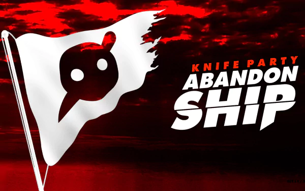 HD desktop wallpaper featuring Knife Party's Abandon Ship album logo with a torn white flag bearing a black emblem against a red and black sky background.