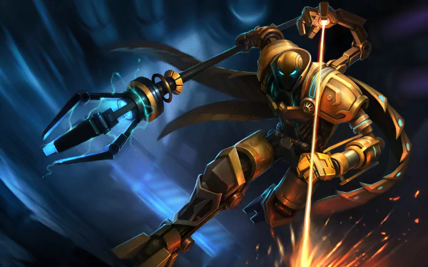 Viktor from League of Legends in dynamic action pose, depicted in a high-detail 4K Ultra HD video game wallpaper for PC desktops.