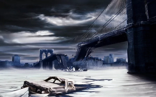 HD desktop wallpaper featuring a post-apocalyptic Sci-Fi scene with a damaged Golden Gate bridge and derelict car under a stormy, dark sky, set against a desolate, frozen landscape.