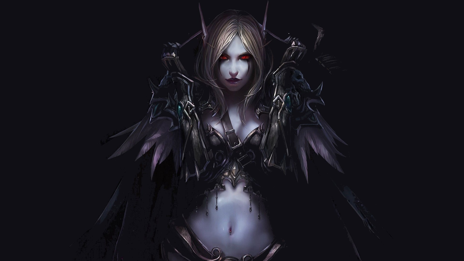 A striking HD wallpaper featuring a dark, enigmatic character from World of Warcraft, adorned in intricate armor and exuding a powerful presence against a black background.