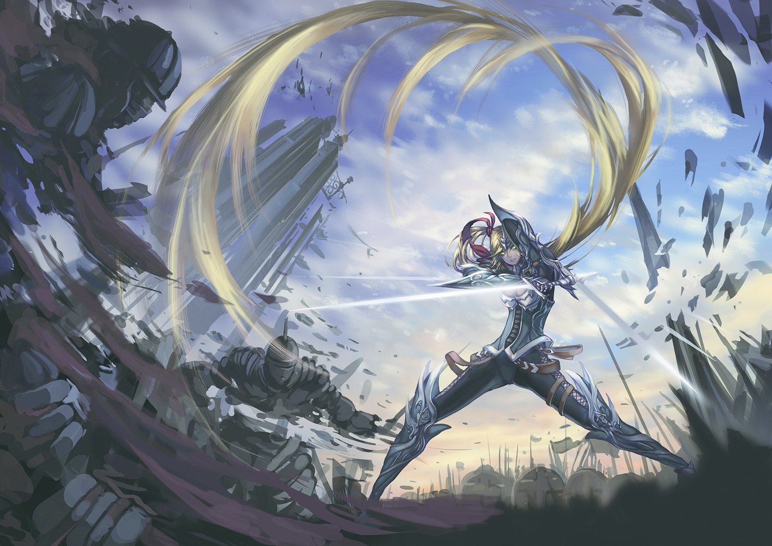 Download Blonde Long Hair Sword Armor Knight Anime Original Wallpaper