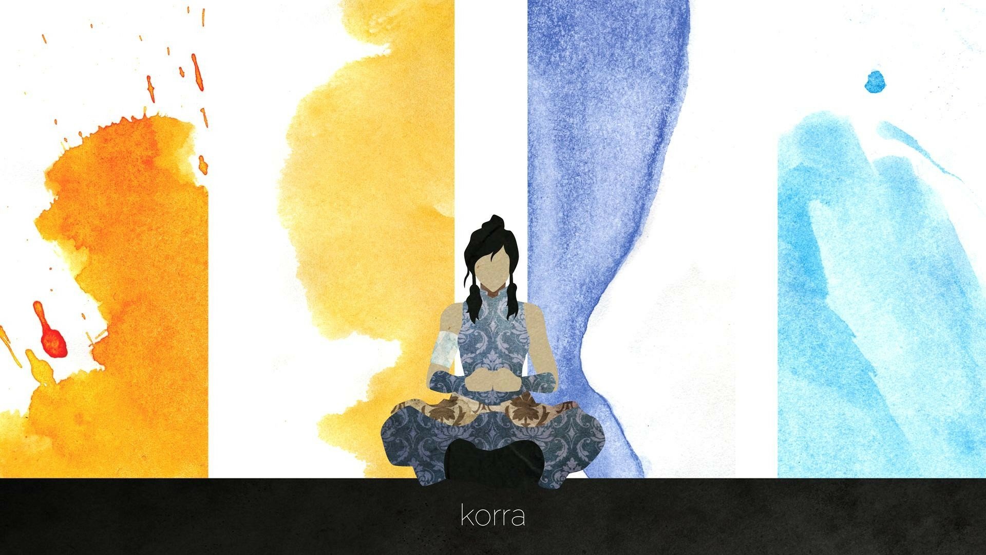 Anime HD PC desktop wallpaper featuring Korra from Avatar: The Legend of Korra, depicted meditating with vibrant orange, yellow, blue, and light blue watercolor backgrounds.