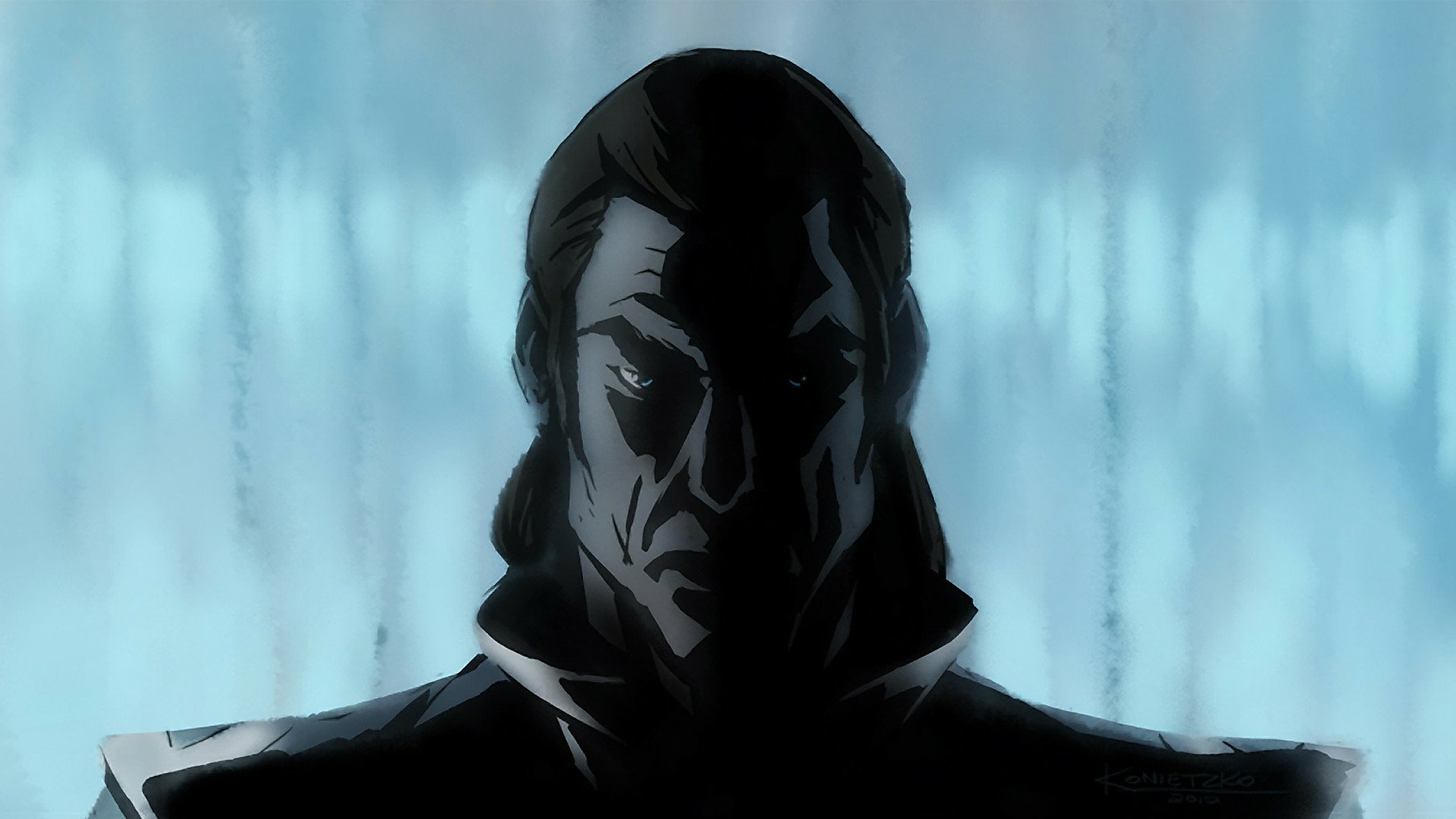 HD PC desktop wallpaper featuring a dark, intense anime character from Avatar: The Legend of Korra against a misty blue background.