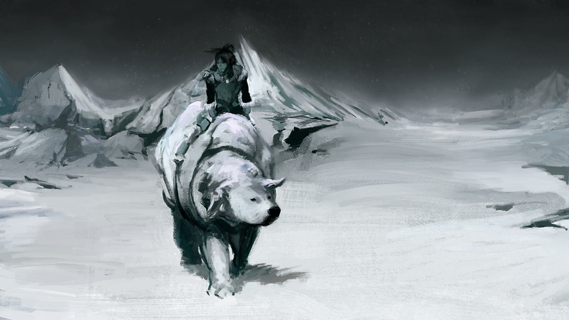 A stunning HD desktop wallpaper featuring Korra from Avatar: The Legend of Korra, riding a white polar bear through a snowy landscape, surrounded by majestic mountains.