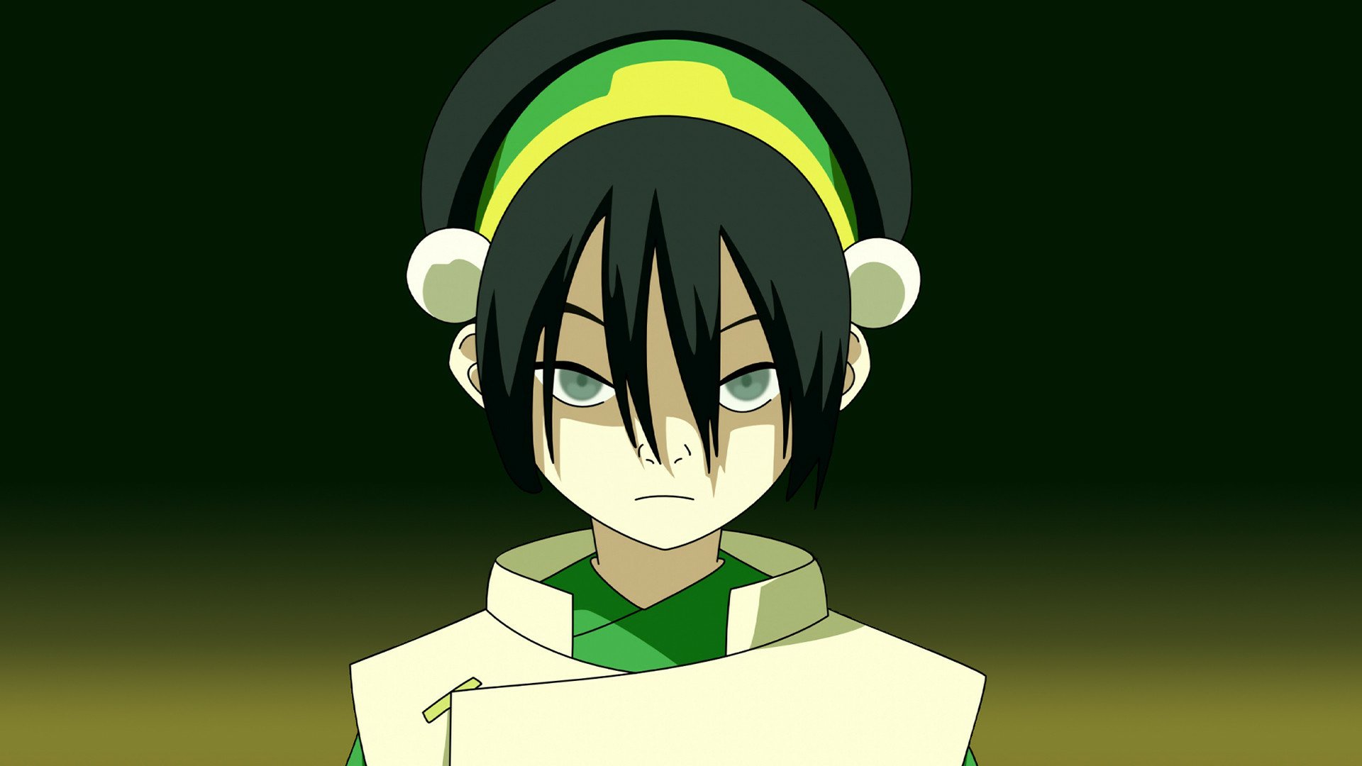 HD PC desktop wallpaper featuring Toph Beifong from the anime Avatar: The Last Airbender with a dark green background.