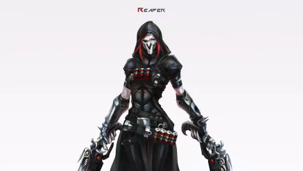 HD desktop wallpaper featuring Reaper from Overwatch in his signature mask and hood, wielding dual guns with striking red hair accents.