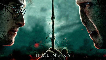 A dramatic HD wallpaper featuring a close confrontation between Harry Potter and Voldemort, showcasing iconic elements from Harry Potter and the Deathly Hallows: Part 2.