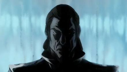 HD PC desktop wallpaper featuring a dark, intense anime character from Avatar: The Legend of Korra against a misty blue background.