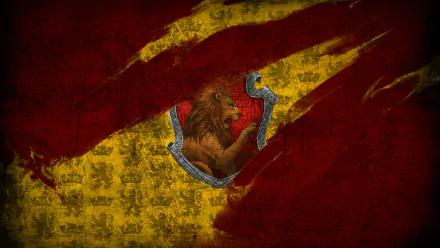HD desktop wallpaper featuring the Gryffindor house crest from the Harry Potter movies. The background is a dramatic blend of red and gold with a prominent lion at the center, symbolizing courage and bravery.