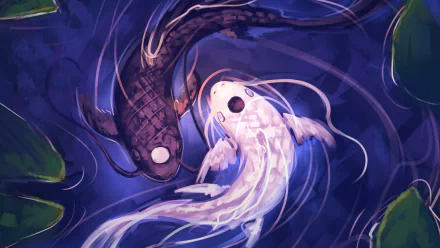 HD desktop wallpaper depicting La and Tui from Avatar: The Last Airbender. The anime-style artwork showcases Yin and Yang represented by two water fish in a serene scene.