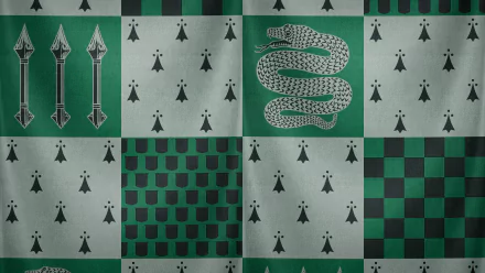 A HD desktop wallpaper featuring Slytherin symbols from Harry Potter, including a serpent and house motifs, set against a dark green and gray patterned background.
