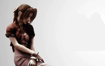 A serene HD wallpaper featuring Aerith Gainsborough from Final Fantasy VII: Advent Children, showcasing her iconic design and contemplative expression against a soft background.