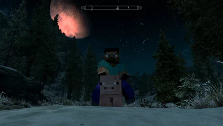 HD desktop wallpaper featuring a night scene in Minecraft, with Steve riding a pig under a large moon. The landscape includes trees and a snowy terrain. Tags: night, moon, pig, Steve (Minecraft), Mojang, video game, Minecraft.