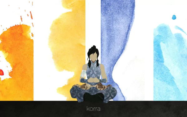 Anime HD PC desktop wallpaper featuring Korra from Avatar: The Legend of Korra, depicted meditating with vibrant orange, yellow, blue, and light blue watercolor backgrounds.