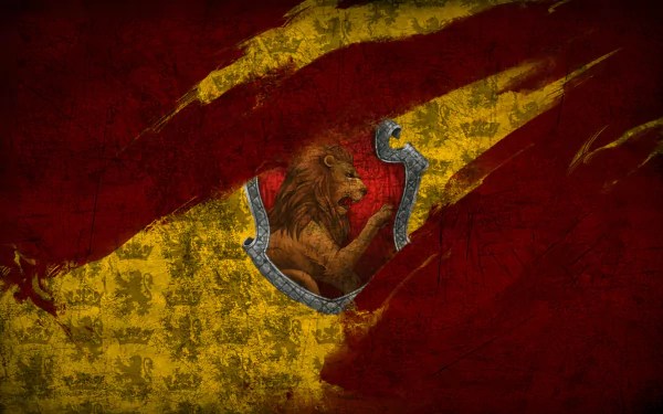 HD desktop wallpaper featuring the Gryffindor house crest from the Harry Potter movies. The background is a dramatic blend of red and gold with a prominent lion at the center, symbolizing courage and bravery.