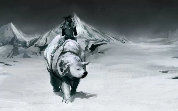 A stunning HD desktop wallpaper featuring Korra from Avatar: The Legend of Korra, riding a white polar bear through a snowy landscape, surrounded by majestic mountains.