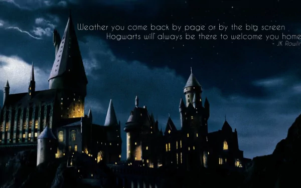 HD desktop wallpaper featuring Hogwarts Castle from the Harry Potter movies. The nighttime image includes a quote from J.K. Rowling: Whether you come back by page or by the big screen, Hogwarts will always be there to welcome you home.