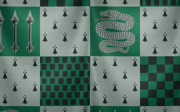A HD desktop wallpaper featuring Slytherin symbols from Harry Potter, including a serpent and house motifs, set against a dark green and gray patterned background.