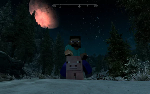 HD desktop wallpaper featuring a night scene in Minecraft, with Steve riding a pig under a large moon. The landscape includes trees and a snowy terrain. Tags: night, moon, pig, Steve (Minecraft), Mojang, video game, Minecraft.