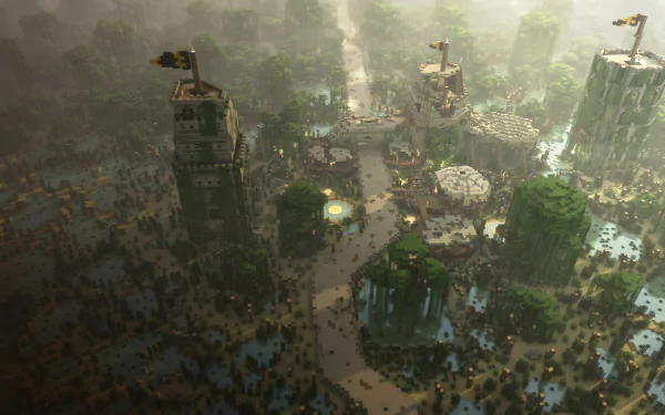 A stunning HD wallpaper from the video game Minecraft, showcasing a lush, vibrant landscape with intricate structures, winding paths, and towering flags amidst a serene atmosphere.