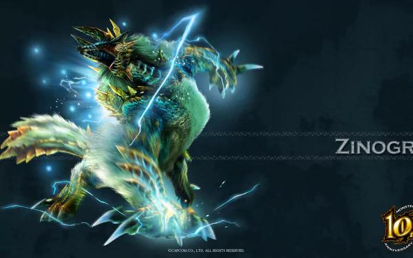 A dynamic HD wallpaper featuring Zinogre from the video game Monster Hunter, showcasing its striking design and vibrant colors against a dark background.