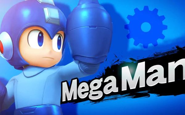 HD PC desktop wallpaper of Mega Man from the video game Super Smash Bros. for Nintendo 3DS and Wii U, aiming his arm cannon against a stylized blue gear background.