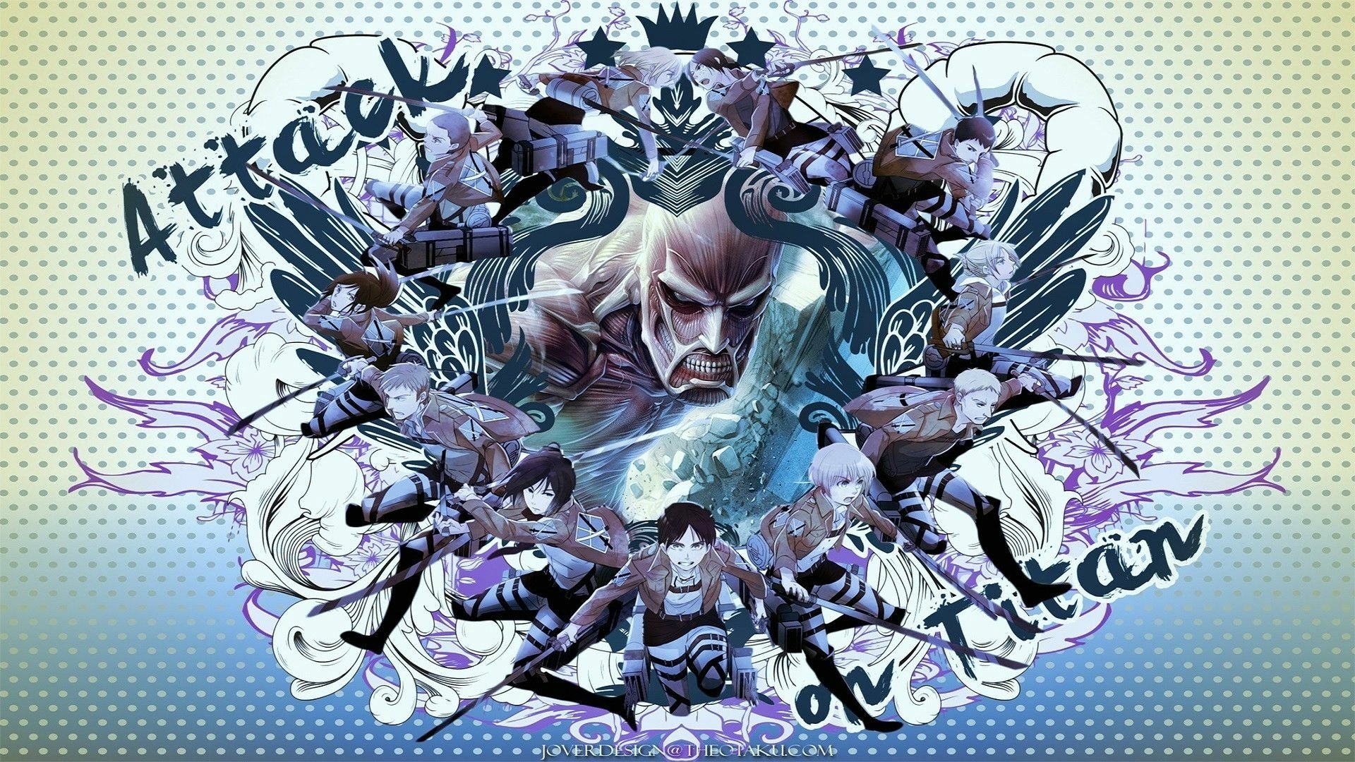 Vibrant HD wallpaper featuring characters from Attack on Titan surrounded by dynamic designs and bold text, capturing the essence of the popular anime series.