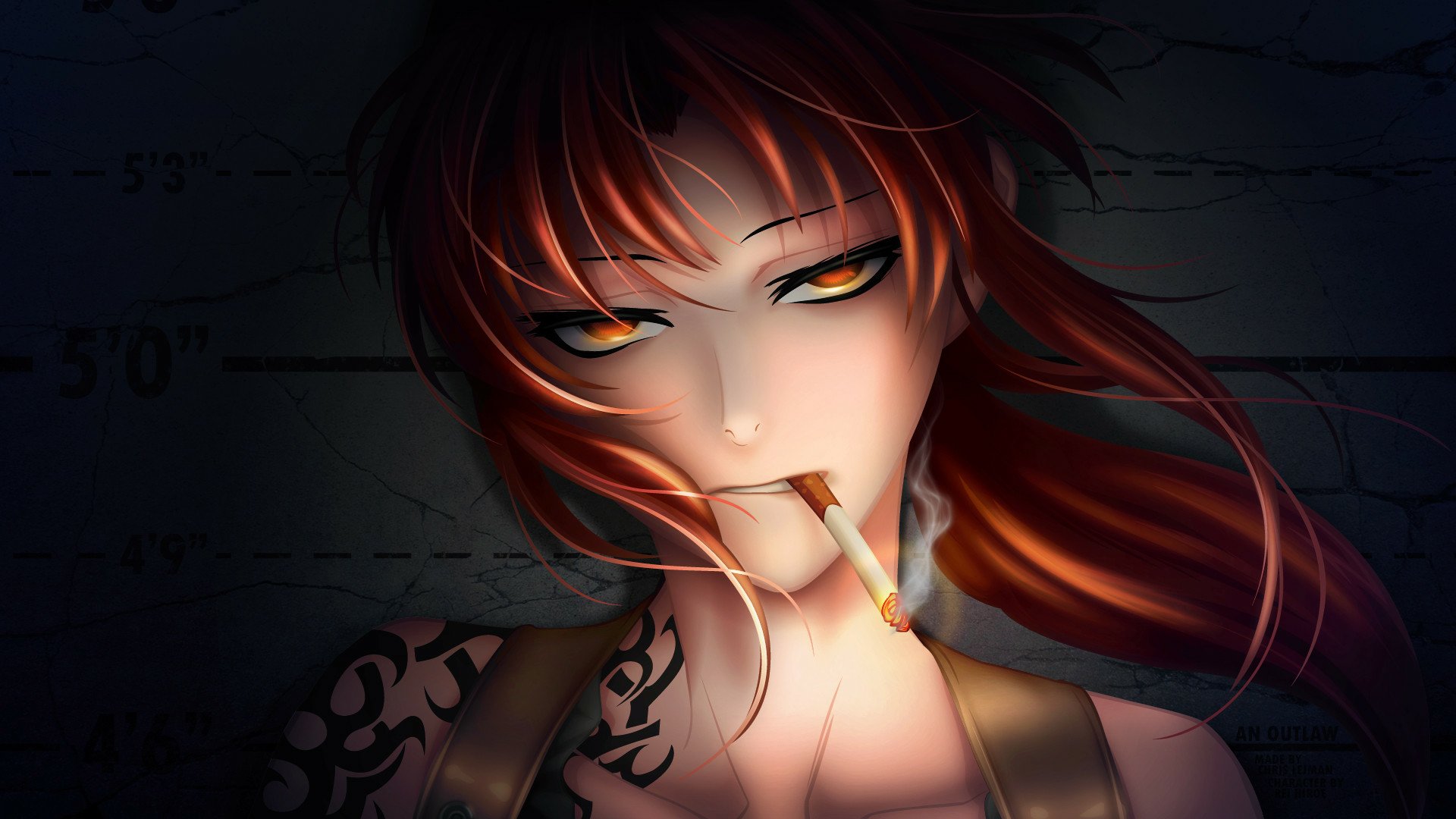 HD PC desktop wallpaper of Revy from Black Lagoon: close-up anime portrait — red hair, intense amber eyes, cigarette between her lips, tattooed shoulder, moody dark background.