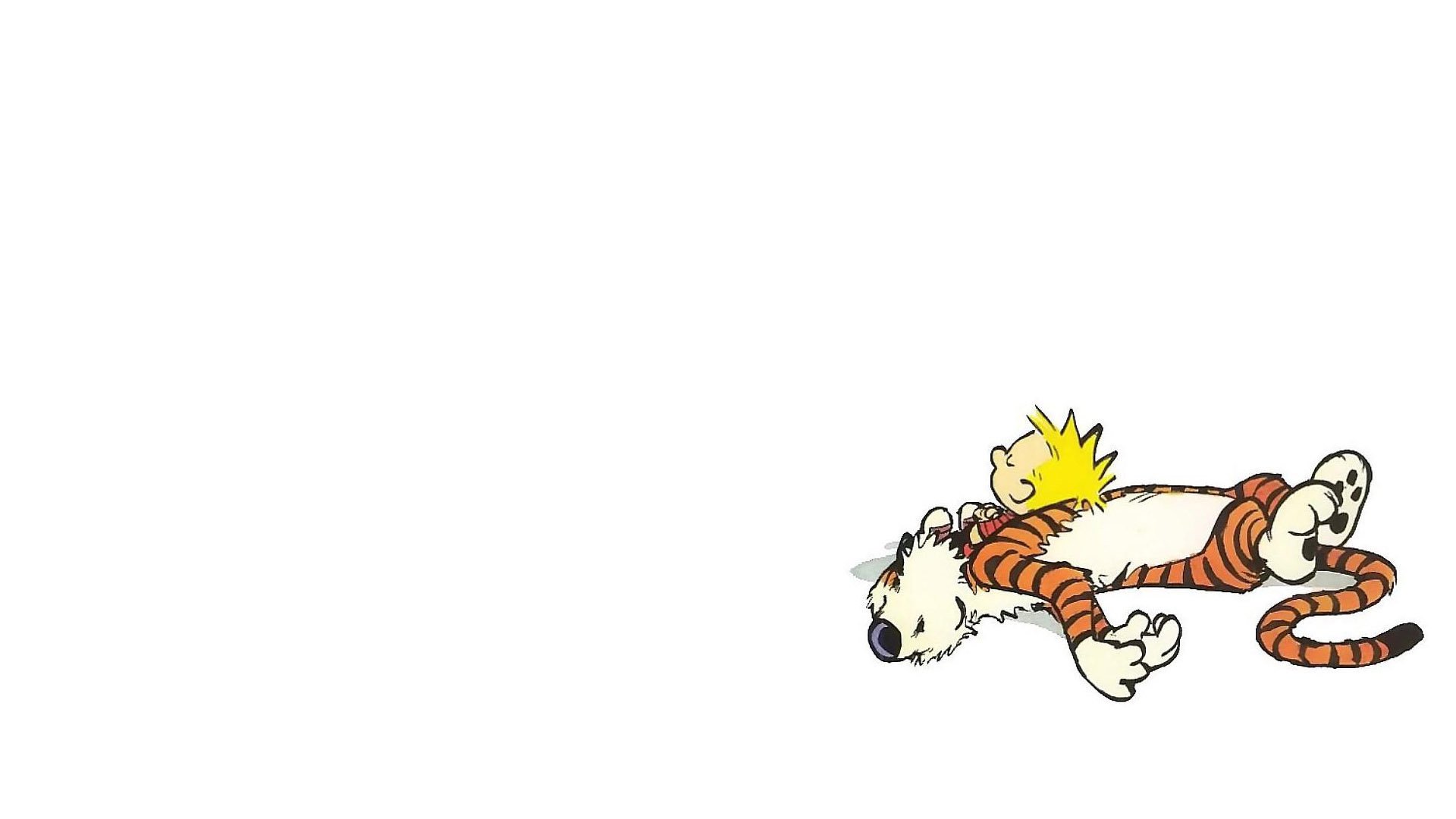 Calvin and Hobbes from the comic strip relaxing together on a white background, shown as an HD PC desktop wallpaper and background.