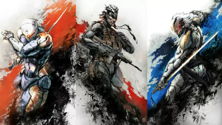 HD PC wallpaper featuring Gray Fox, Raiden, and Solid Snake from the Metal Gear video game series in dynamic action poses with bold red, black, and blue brushstroke backgrounds.