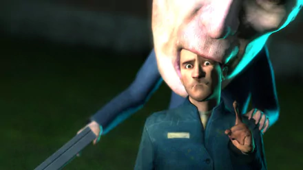 HD PC desktop wallpaper from Garry's Mod: a pale, grotesque figure looming over a startled man in coveralls, green-tinted night background.