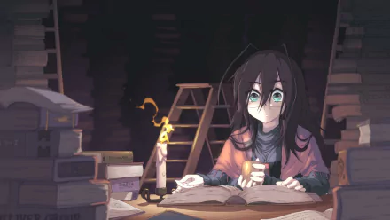 A captivating anime-style original illustration depicting a character studying amidst stacks of books, illuminated by a flickering candle, creating an enchanting atmosphere.