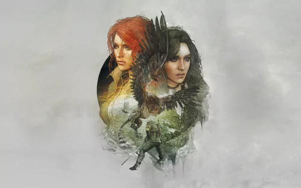 HD desktop wallpaper featuring Yennefer of Vengerberg and Triss Merigold from the video game The Witcher 3: Wild Hunt, with dynamic imagery of a raven and a warrior below them.