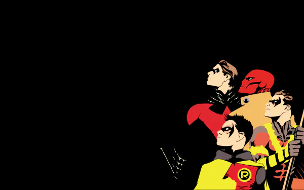 HD PC desktop wallpaper featuring Robin (DC Comics), Nightwing, Damian Wayne, Tim Drake, Jason Todd, and Dick Grayson in comic-style art on a black background.