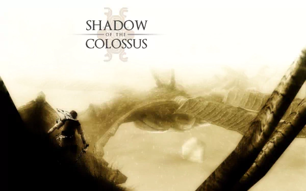 HD desktop wallpaper of the video game Shadow of the Colossus, featuring a character facing a colossal creature amidst a misty, sepia-toned landscape.