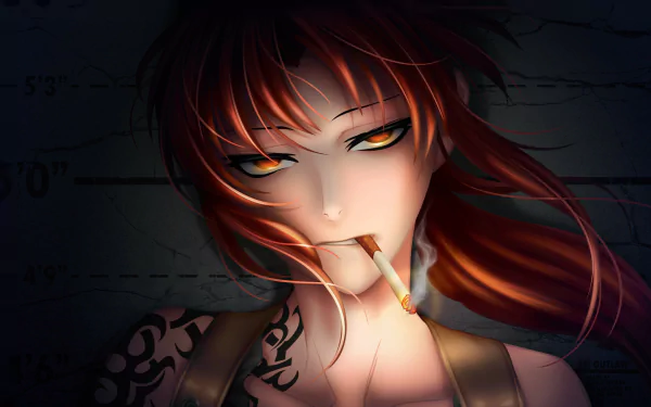 HD PC desktop wallpaper of Revy from Black Lagoon: close-up anime portrait — red hair, intense amber eyes, cigarette between her lips, tattooed shoulder, moody dark background.