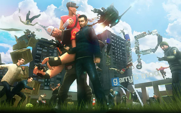 HD desktop wallpaper and background featuring characters from the video game Garry's Mod in a dynamic scene with epic action happening all around.