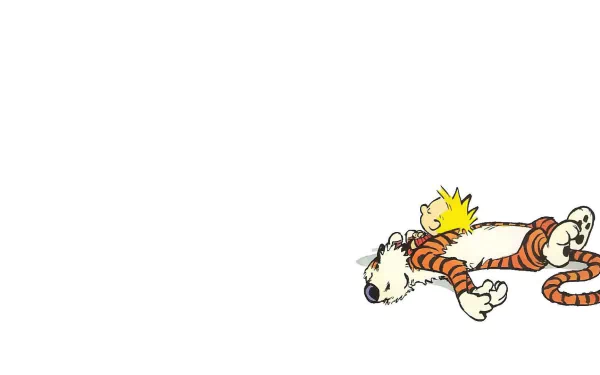 Calvin and Hobbes from the comic strip relaxing together on a white background, shown as an HD PC desktop wallpaper and background.
