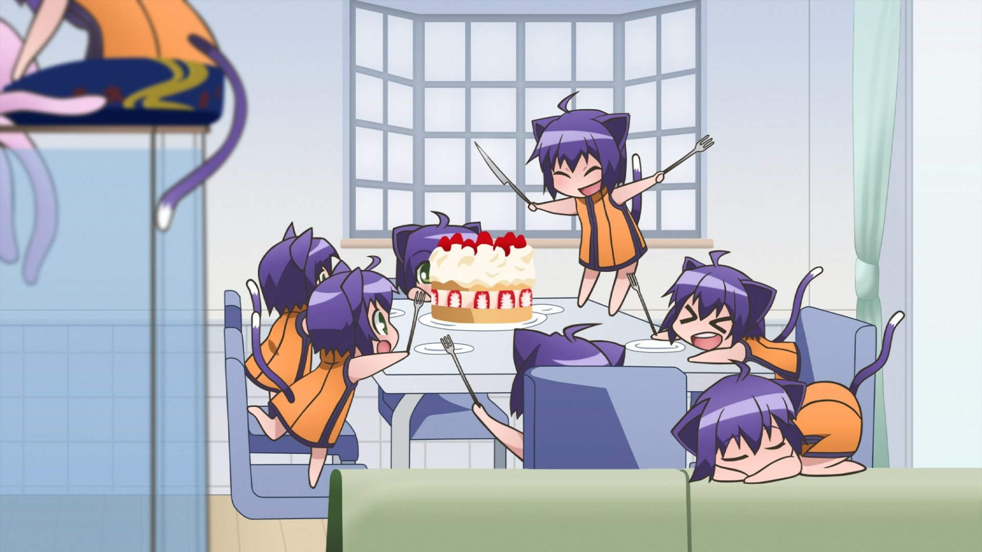 Anime-style HD desktop wallpaper featuring multiple playful cat girl characters from Kyouran Kazoku Nikki in a bright, modern room with a large cake on the table.