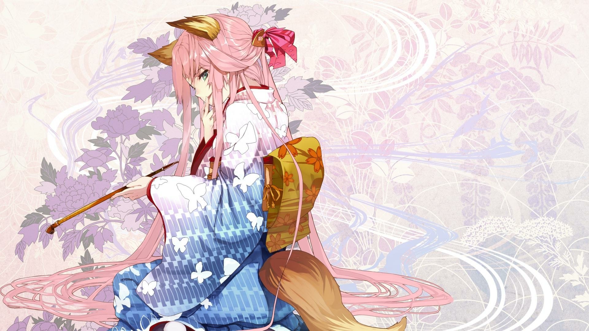 Download Kimono Pink Hair Kitsune Anime Geisha HD Wallpaper