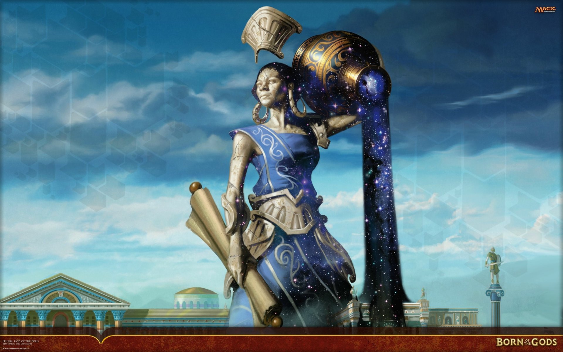 HD PC desktop wallpaper featuring a man-made figure from Magic: The Gathering pouring cosmic liquid under a vibrant blue sky.