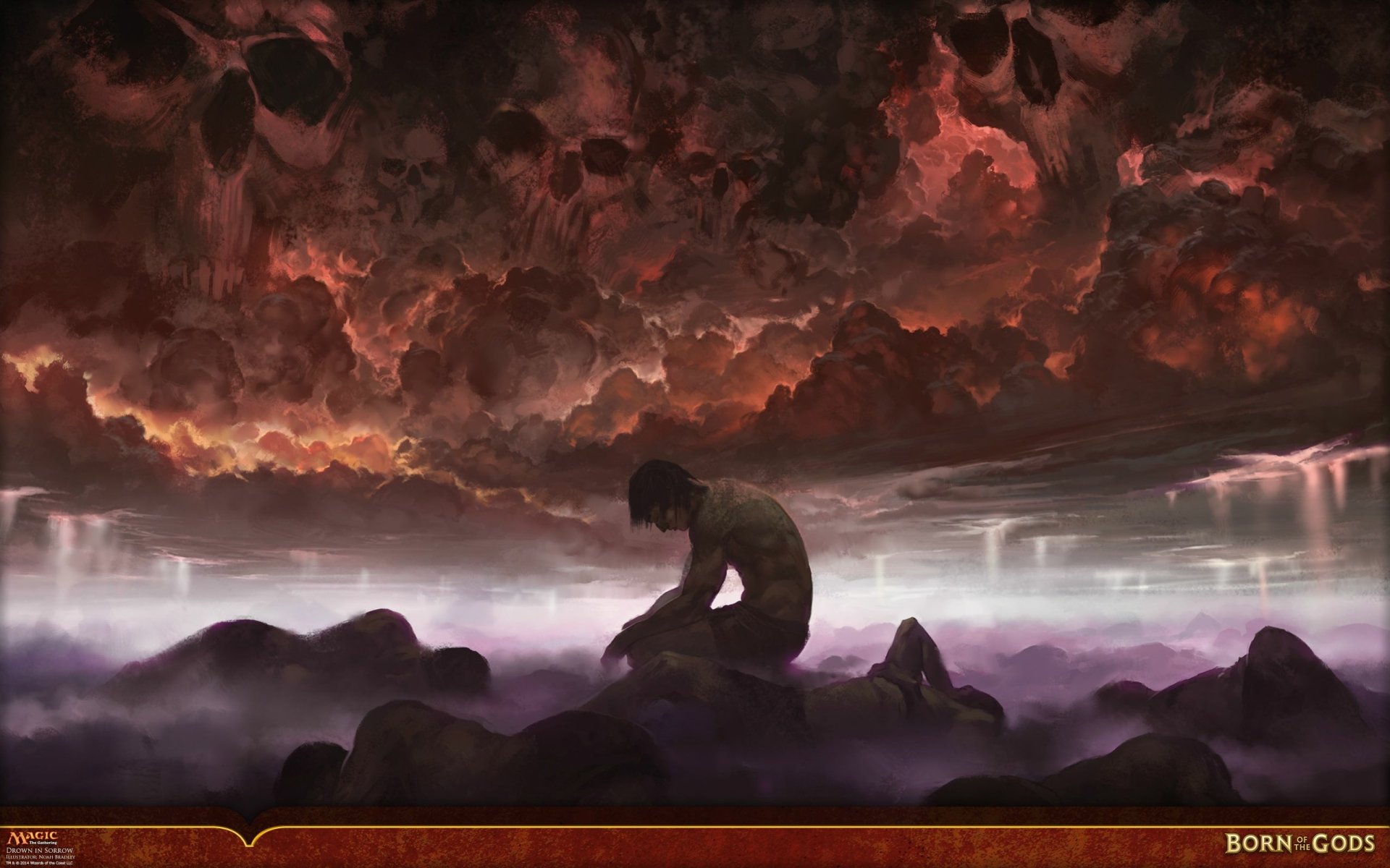 HD desktop wallpaper featuring a man-made scene from Magic: The Gathering, depicting a solitary figure amid dark, skull-filled clouds and rocky terrain in a fantasy setting.