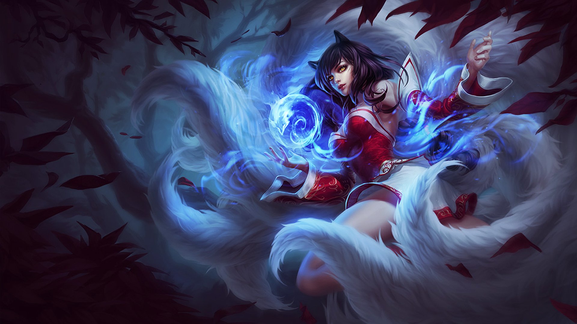 HD PC desktop wallpaper featuring Ahri from League of Legends, surrounded by swirling blue energy and her iconic fox tails in a dark, mystical forest setting.