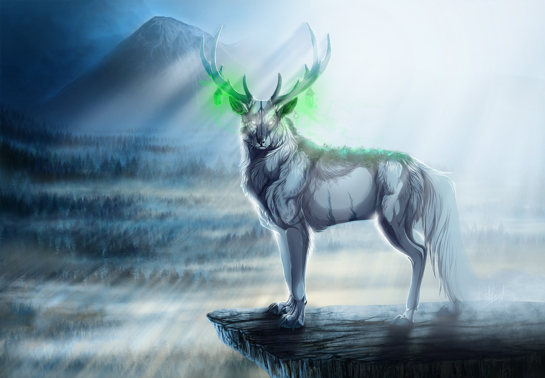 HD fantasy PC desktop wallpaper featuring a mystical white deer with glowing green antlers standing on a rocky ledge in a foggy, enchanted forest.