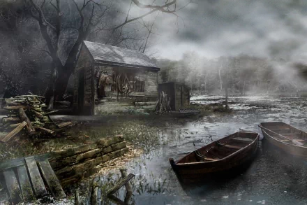 HD desktop wallpaper featuring a dark, eerie setting inspired by Resident Evil 4 video game, with an old cabin and two row boats on a misty, swampy area.