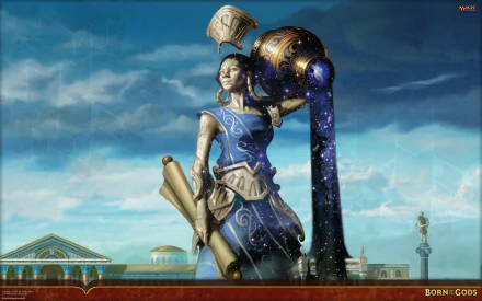 HD PC desktop wallpaper featuring a man-made figure from Magic: The Gathering pouring cosmic liquid under a vibrant blue sky.