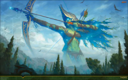 A mystical figure with wings draws a bow against a vibrant landscape, capturing the essence of Magic: The Gathering in this HD PC desktop wallpaper and background.